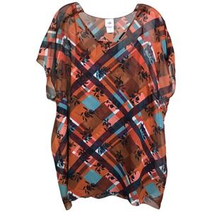 CAbi Lattice Top Womens Size L Browm Multi Floral Plaid V-Neck Cap Sleeve 3773‎